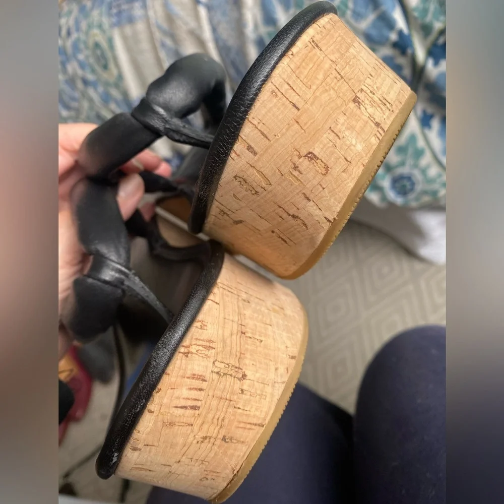 Veronica Beard Black Geno Cork Wedge Platform Thong Sandals Leather size 9 - Picture 9 of 13